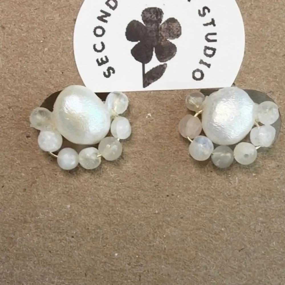 Freshwater Pearl & Rainbow Moonstone Earrings, Stainless Steel Studs, Gold Tone